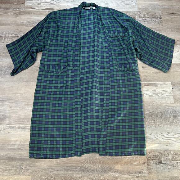 Addiction Kimono Robe 100% Silk Green Navy Plaid Open Front Duster Jacket - Picture 1 of 6